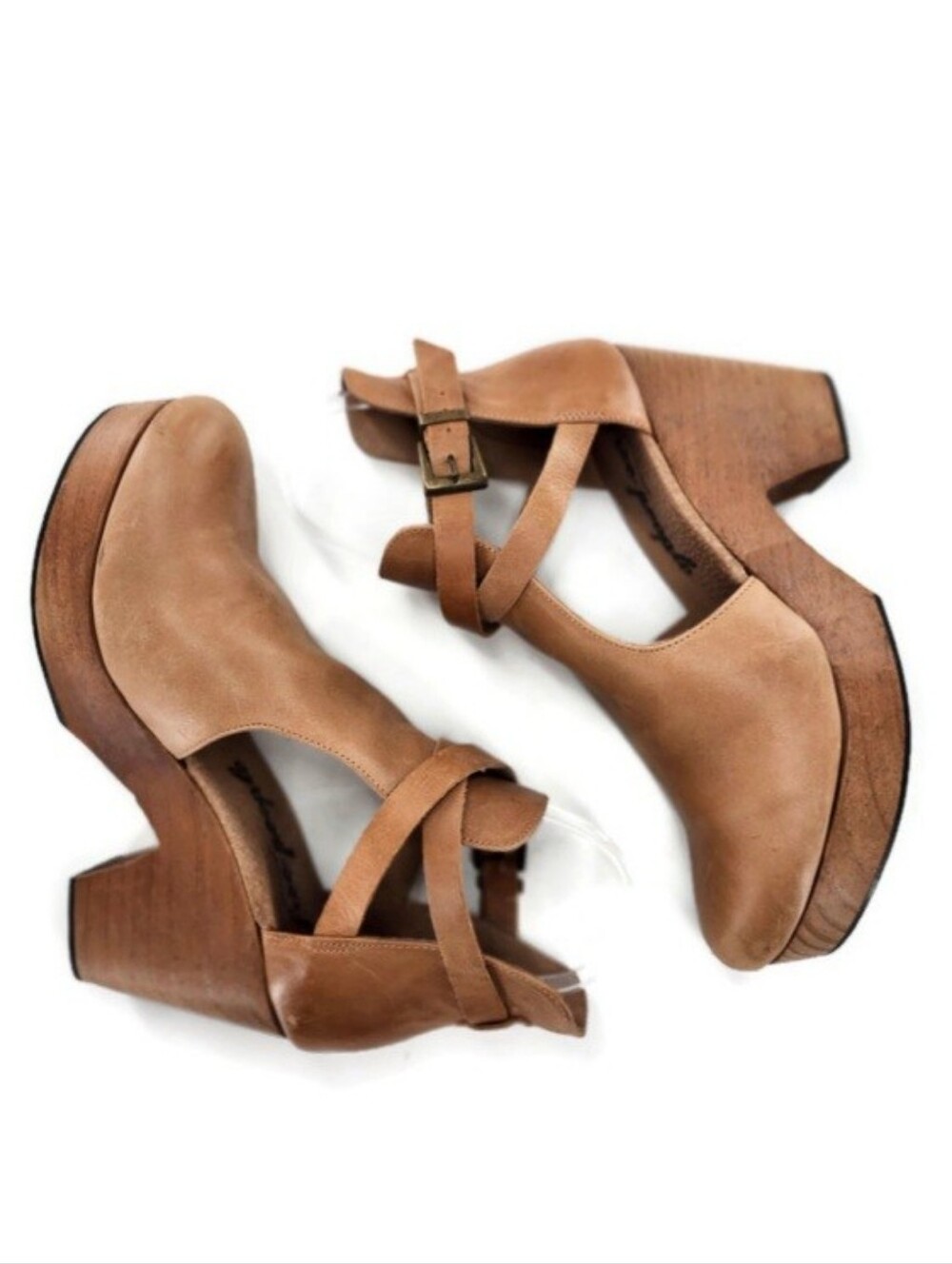 Free People Cedar Tan Smooth Leather Wooden High Heel Platform Clogs - Picture 8 of 14